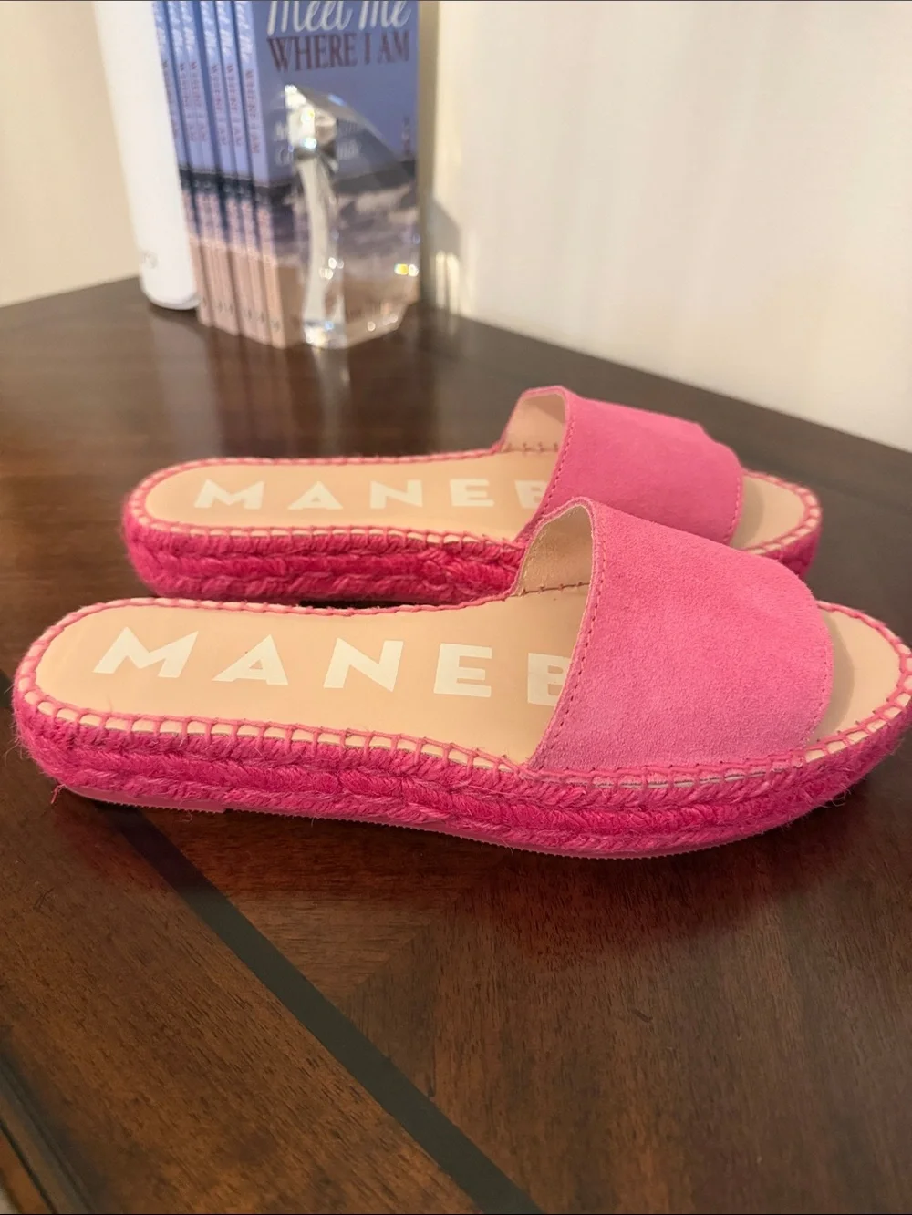 MANEBI Hamptons Suede double sole slides in Bold Pink Size 9.5